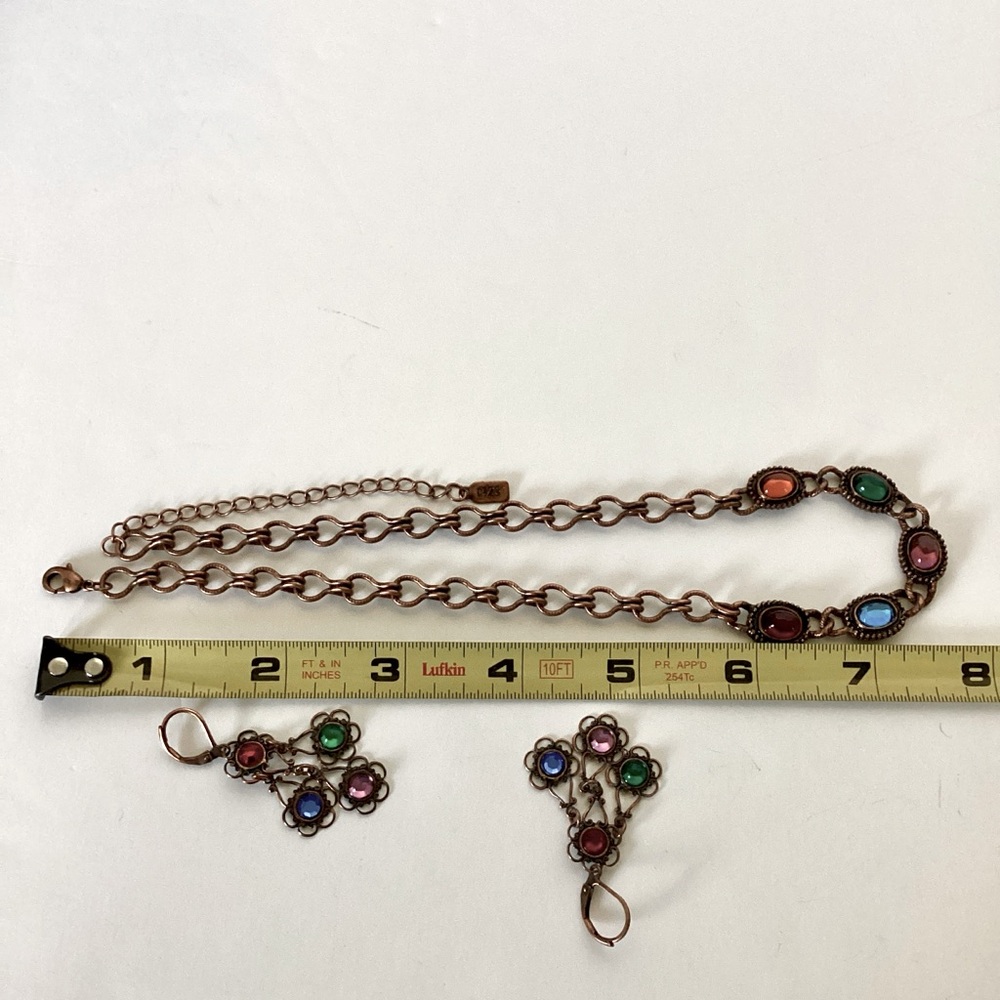 1928 Copper Tone Open Weave Chandelier Earrings Multicolor Rhinestones Vintage - Picture 8 of 8